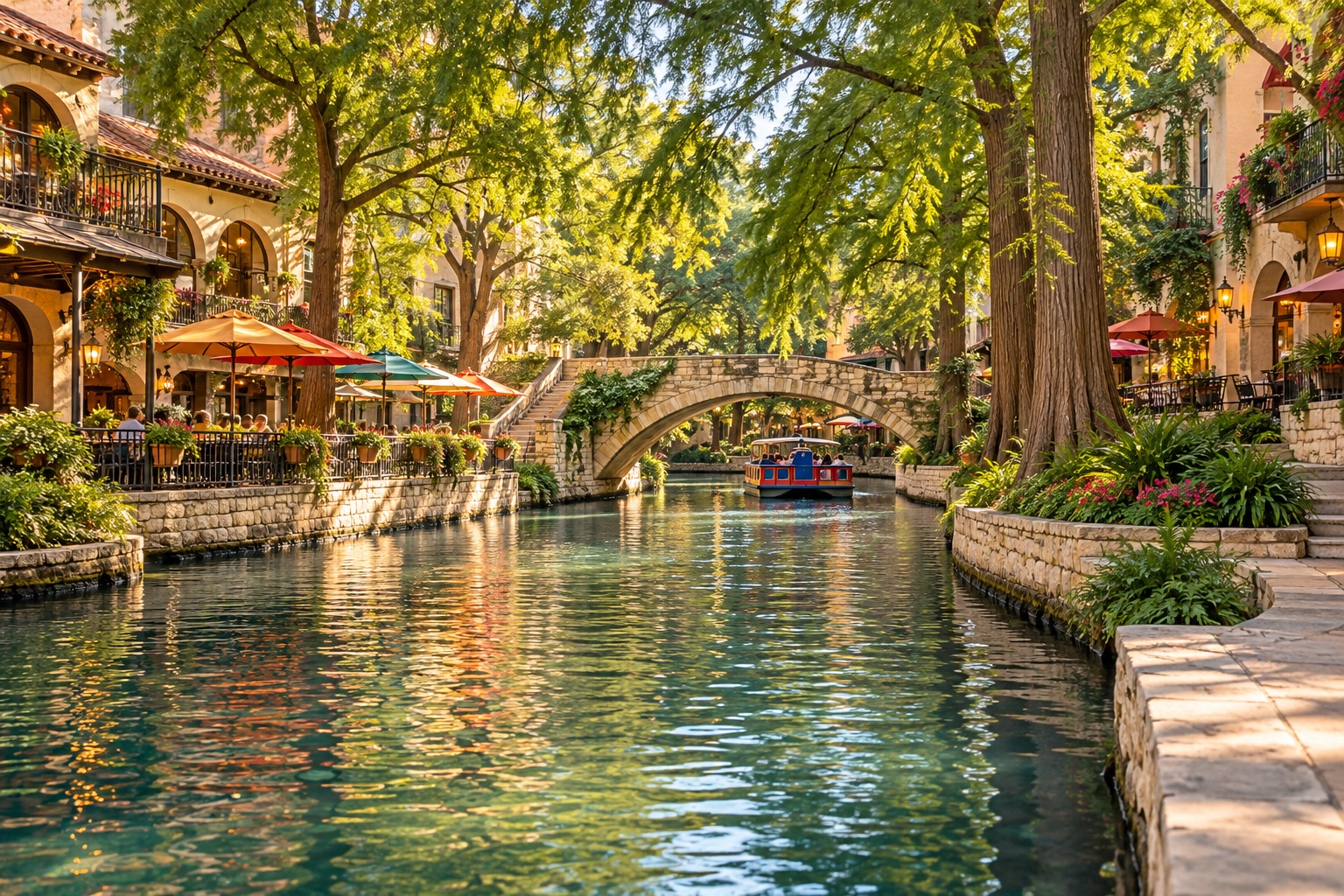 AI 生成的 San Antonio River Walk 主题河道、石桥与沿岸餐厅意境图