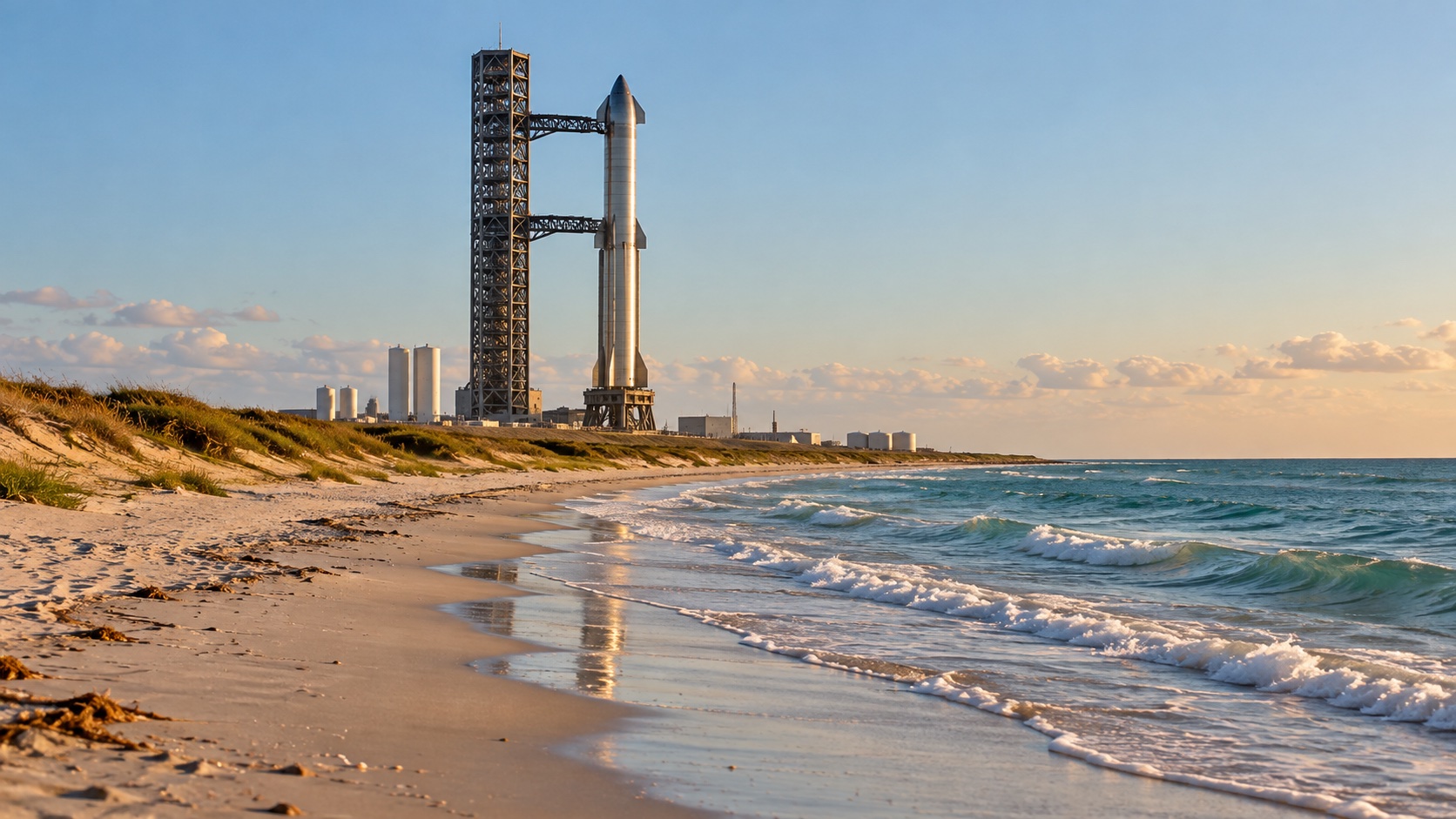 AI 生成的 Starbase 与 Boca Chica 海岸主题意境图，海滩旁的星舰与发射塔，非实拍