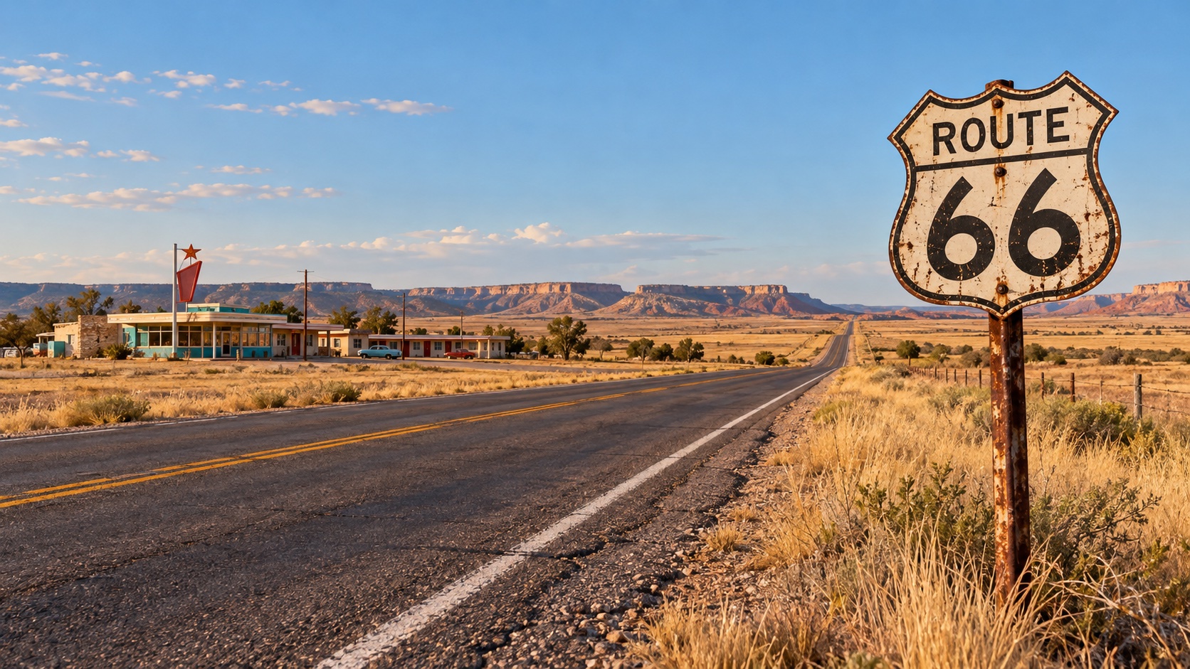 AI 生成的得州 66 号公路意境图,盾形 Route 66 标志、草原公路与复古路边餐厅